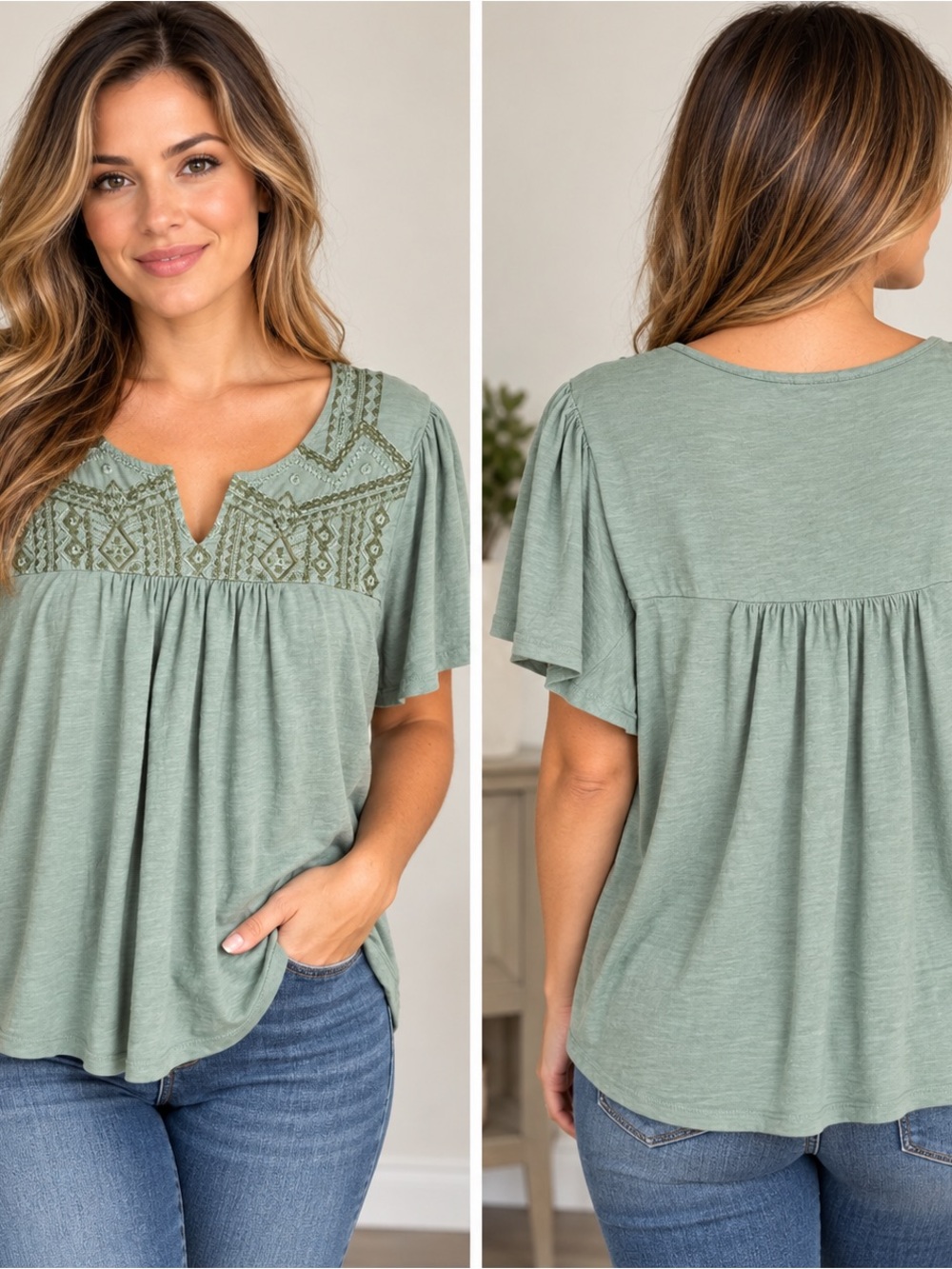 Lucky Brand Sage Embroidered Flutter Sleeve Tunic Size Large (0057)